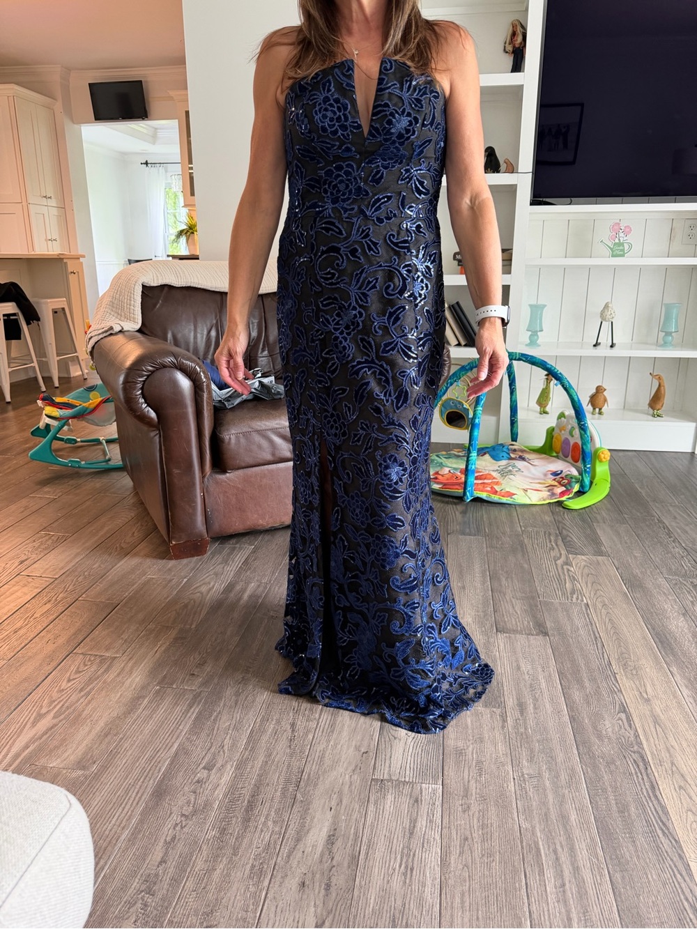 Dress the Population Navy Blue Floral Velvet Halter Maxi Dress